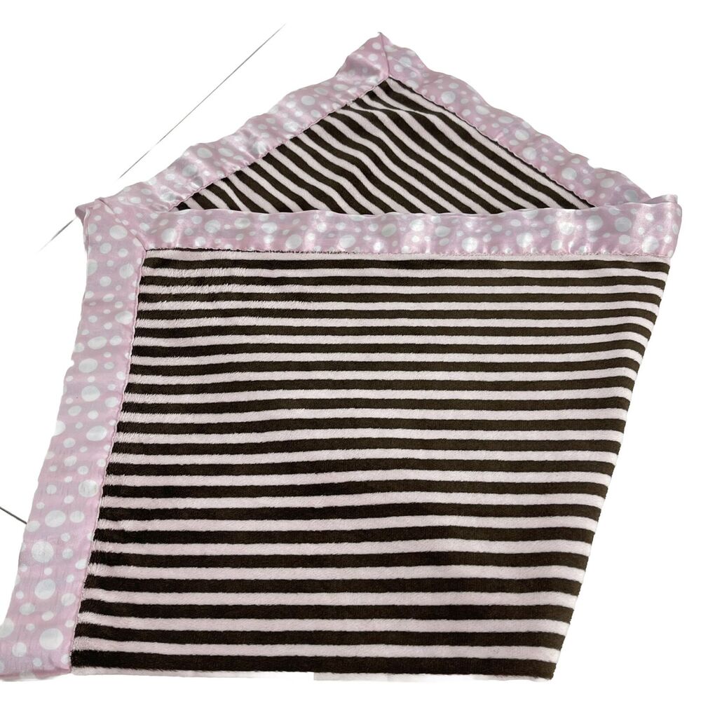 My Blankee Blanket Baby 30" x 35" Pink Brown Stripe Polka Dot Minky Satin Trim